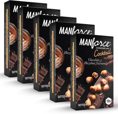 मैनफोर्स Cocktail Condoms (DottedRings), Hazelnut & Chocolate Flavoured,10 x Pack of 5 कंडोम