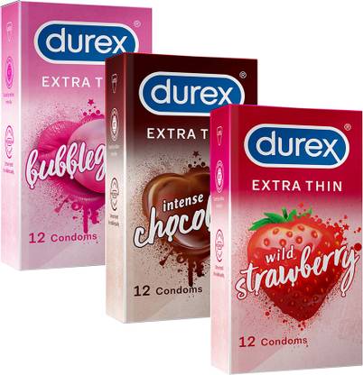 DUREX multiflavored extra thin condoms for men - Bubblegum, Wild Strawberry, Intense Chocolate - 10 count (Pack of 3) | Sensually flavored condoms for fun & adventure Condom