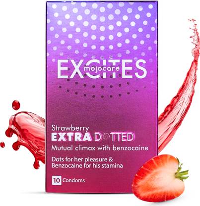 मोजोकेयर पुरुषों के लिए एक्साइट्स एक्स्ट्रा डॉटेड स्ट्रॉबेरी कंडोम -10 शीट्स कंडोम