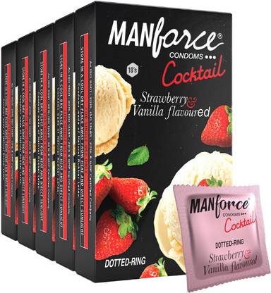 MANFORCE Cocktail Condoms (DottedRings), Strawberry & Vanilla Flavoured ,10 x Pack of 5 Condom