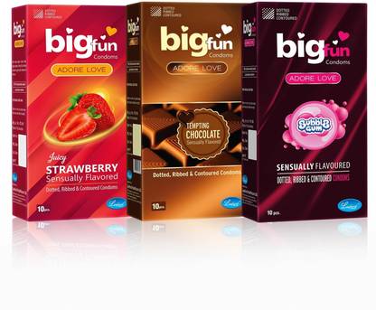 BIGFUN Dotted & Ribbed 10pcs Each Combo (Bubblegum, Strawberry, Chocolate) Condom