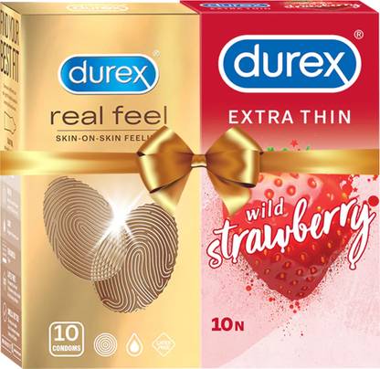 DUREX Real Feel & Strwberry Extra Thin - 20 Condoms (Pack of 2) Condom