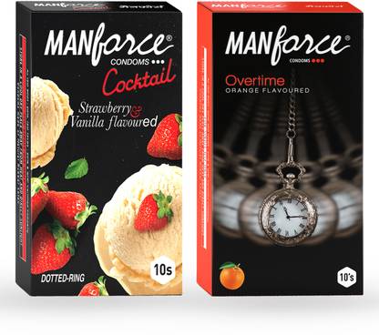 MANFORCE Cocktail Condoms with Dotted-Rings, Strawberry & Vanilla Flavoured- 10 Pieces & 3 in 1 Condoms (Ribbed, Contour, Dotted), Overtime Orange Flavoured- 10 Pieces Condom