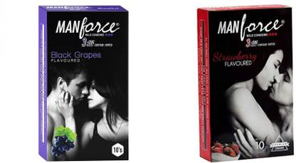 MANFORCE 3 in 1 (Ribbed, Contour, Dotted) Wild Black Grapes Flavoured Condoms- 10 Pieces & 3 in 1 Wild Ribbed Contour Dotted Strawberry Flavor Condoms - 10 Pieces Condom
