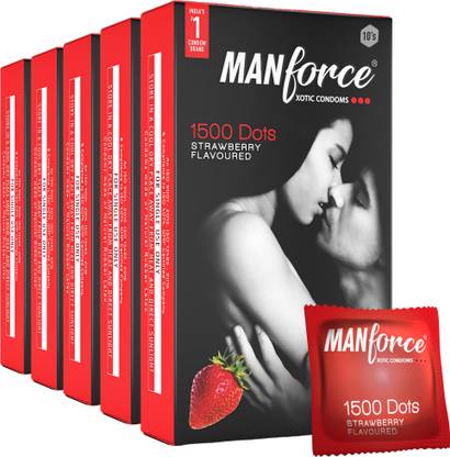MANFORCE Condoms 3 in 1 Ribbed, Contour, Dotted, Strawberry Flavoured Condoms ,10 x 5 Condom