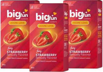 BIGFUN Juicy Strawberry Flavoured Thin Ribbed Latex Condoms with Safe Lubrication Condom