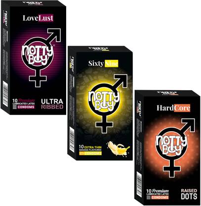 NottyBoy Combo Pack - Ultra Ribbed,Raised Dots,Extra Thin Banana Flavour Condom