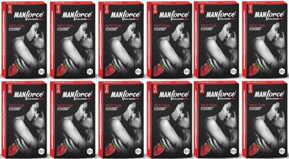 MANFORCE Xotic Strawberry Flavoured Extra Dotted Condoms for Men - 10 pcs x Pack of 12 Condom