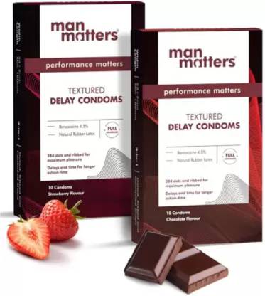 Man Matters Dotted, Ribbed, Delay Condoms for Men | Strawberry & Chocolate Flavour (10 Each) Condom
