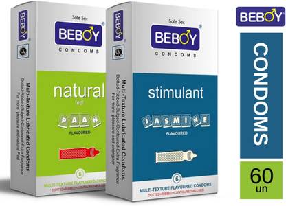 BEBOY Multi-Textured 4-in-1 Dotted, Ribbed, Contoured and Bulged Condoms - 60 Condom