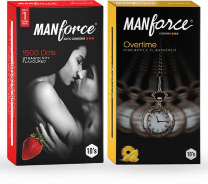 MANFORCE 3 in 1 Wild Ribbed Contour Dotted Strawberry Flavor Condoms - 10 Pieces & Overtime Pineapple 3in1 (Ribbed, Contour, Dotted) Condoms - 10 Pieces Condom