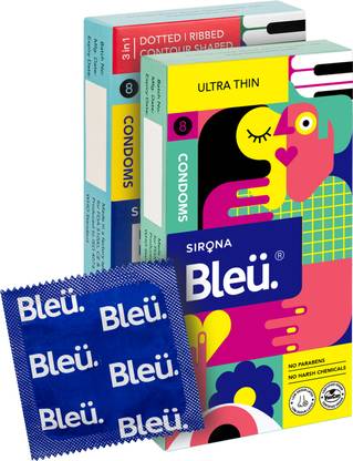Bleu 100% Natural Latex Condoms Combo Pack with Ultra Thin & 3-IN-1 Dotted Condom
