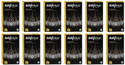 MANFORCE Overtime Pineapple Flavoured 3-in-1 Ribbed Condoms for Men -10 Pcs x Pack of 12 Condom
