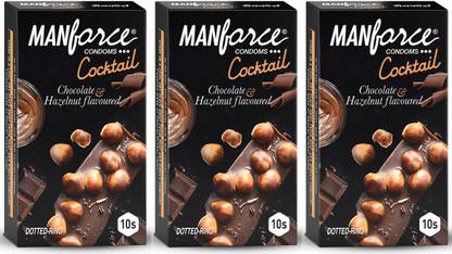 MANFORCE Cocktail Condoms with Dotted-Rings, Hazelnut & Chocolate Flavoured- 10 Pieces x Pack of 3 Condom