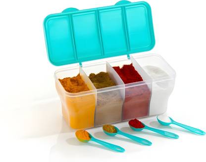 Meteor Four Section Container for Food,Dry Fruits, Spices, Pickles with 4 Spoons Storage Box