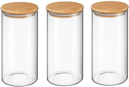 VINDRO Glass, Wooden Tea Coffee & Sugar Container  - 450 ml, 450 ml, 450 ml
