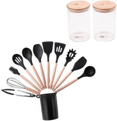 The Better Home 2pcs Tall Jars + 12 Pcs Kitchen Utensils Set Combo|Kitchen Utensils Set Kitchen Tool Set