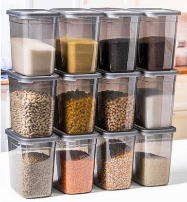 PRAYATI Pack of 12 Plastic Grocery Container  - 1200 ml Grey
