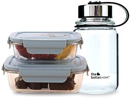 The Better Home Borosilicate Glass Lunch Box & Glass Water Bottle Set|Micro, Freezer & Oven Safe 2 Containers Lunch Box