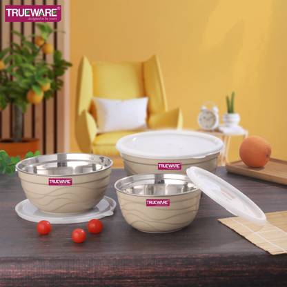 Trueware Stainless Steel, Plastic Serving Bowl 2200 ML, 1400ML & 1000 ML Oliver Microwave Safe Bowl Set