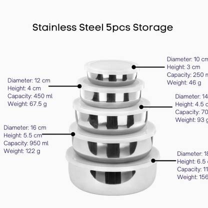 COOKnTREAT Stainless Steel Fridge Container  - 1100 ml, 950 ml, 700 ml, 450 ml, 250 ml