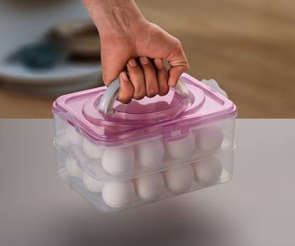 NEWON Plastic 24 Grid Egg Storage Containers basket with Carry Holder (2 Layer, Pink) Storage Basket