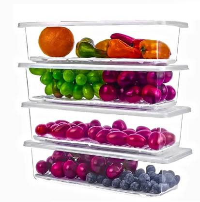 RK EMPIRE Plastic 4 pcs Fridge Storage Boxes Fridge Organizer with Removable Drain Plate and Lid Storage Basket
