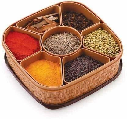 BO World Plastic Square 7 Sections Multipurpose Masala Rangoli Dabba Box Set, Spice Box Tray