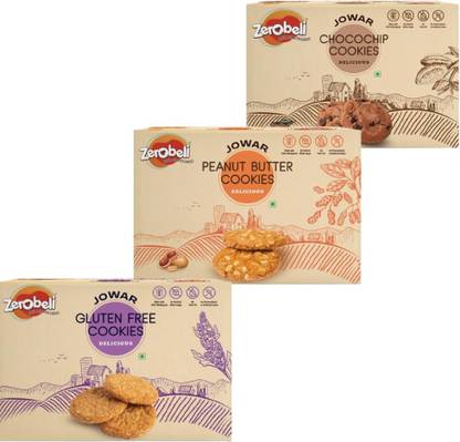 Zerobeli Jowar ChocoChip, Peanut Butter & GlutenFree Cookies Combo 250g Each | Fiber Rich Cookies Biscuit