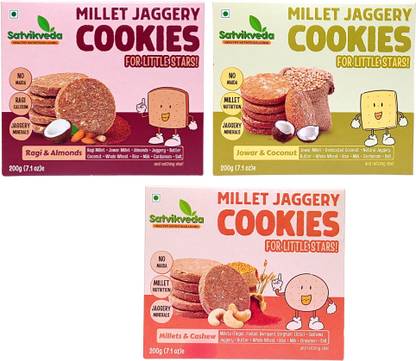SATVIKVEDA Millet Jaggery Cookies- Combo Pack | Ragi Almonds, Jowar Coconut, Millets Cashew Cookies Biscuit