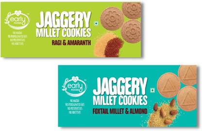 Early Foods Assorted Pack of 2 - Foxtail Almond & Ragi Amaranth Jaggery Cookies X 2, 150g each Cookies Biscuit