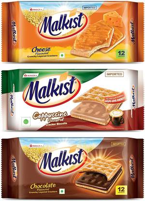 Malkist Cheese, Cappuccino and Chocolate 3 Flavored Crunchy Crackers Biscuits 138gm (12 Piece Per Pack) Cream Cracker Biscuit