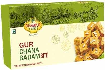 DHAMPUR GREEN Gur Chana Badam Burfi Bite | Indian Sweets for Festivals, Ceremony & Worships Bakery Biscuit