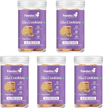 Feedsco Millet Ajwain Cookies Tasty & Healthy Snack- Natural Sweetness (Each Pack 75g) Cookies Biscuit