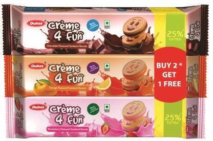 Dukes Cr�me 4 Fun Orange, Strawberry, and Chocolate flavoured Sandwich Biscuits Assorted Biscuit