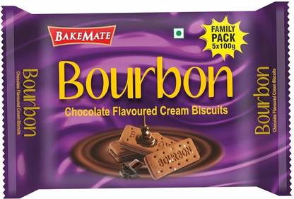 BAKEMATE Bourbon Chocolate Flavored Cream Filled Biscuits Family Pack (5 X 100G) Cream Sandwich Biscuit