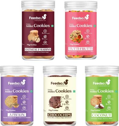 Feedsco Millet Cookies 75gm Pack of 5 - Tasty & Healthy Snack - Healthy Cookies Cookies Biscuit