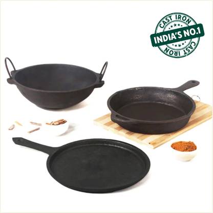 The Indus Valley Pre-Seasoned Cast Iron Cookware Set | Set of Kadai, Tawa & Fry Pan Induction Bottom Cookware Set