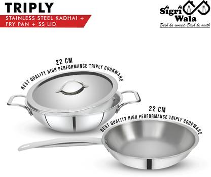 Sigri-wala Cook Healthy Triply 3 PCS Combo Set Kadai 22cm,Fry Pan 22cm,LID 22cm Induction Bottom Cookware Set