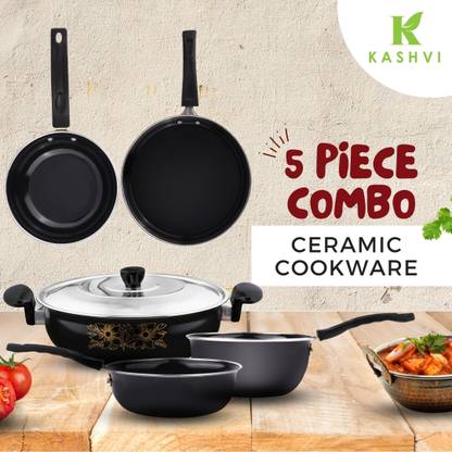 Kashvi Kashvi kadai with Lid, tawa Sauce pan, Fry - Frying Pan, Tadka Pan | Cast iron Induction Bottom Non-Stick Coated Cookware Set