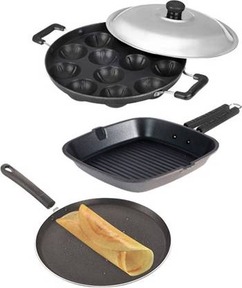 BMS Lifestyle 3-Piece Aluminium Non-Stick Cookware Set - Grill Pan , Dosa Tawa & Appam Tawa Non-Stick Coated Cookware Set