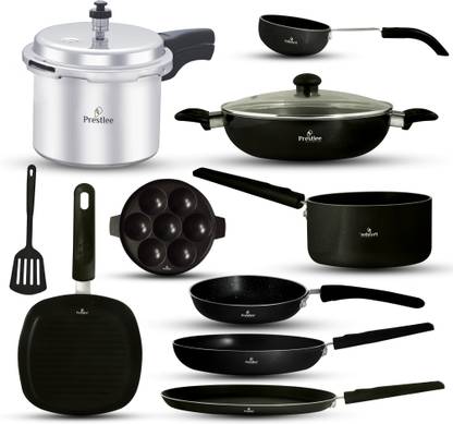 Prestlee Aluminium Outer Lid Pressure Cooker 11 PC Family Combo Non-Stick Coated Cookware Set