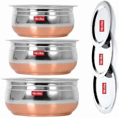 Nirvika Handi Set Stainless Steel with Copper Bottom Cook and Serve Essential with Lid - biryani pot/Kitchenware/hotelware/dinner set/serving bowl/best cooking bowl set/storeware Induction Bottom Non-Stick Coated Cookware Set