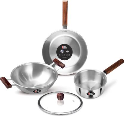 MILTON Procook Triply Stainless Steel 4pc with Wood Handle Saucepan Frypan Kadhai & lid Induction Bottom Cookware Set