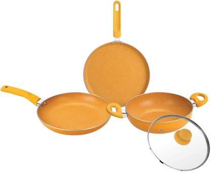BERGNER Tasty Non-Stick 4 Pcs Cookware Set with Soft Touch Handle, Less Oil Use Induction Bottom Non-Stick Coated Cookware Set