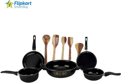 Flipkart SmartBuy Cookware Set - Kadhai, Tawa, Fry Pan, Sauce Pan, Tadka Pan, 5 Wooden Spatula - Induction Bottom Non-Stick Coated Cookware Set