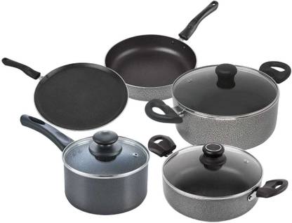 MILTLIFE Premium Grey Cookware Set - Kadhai, Milk Pot, Casserole , Fry pan, Tawa Non-Stick Coated Cookware Set