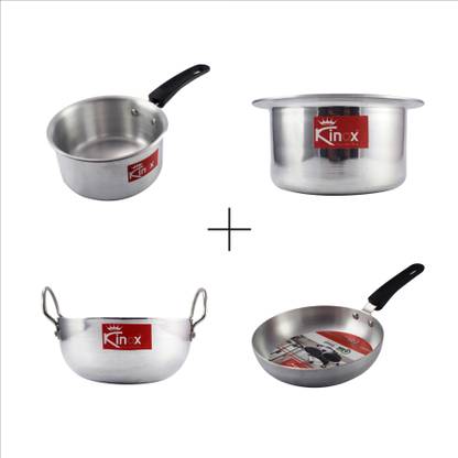 Kinox Combo Baby Set of Kadhai -0.8 L, Tope-1L, Sauce Pan -0.8 L and Fry Pan -0.7 L, Cookware Set