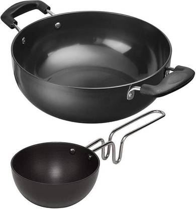 Satre Online and Marketing Hindalco Aluminium Kadhai Size No-12 with Hindalco Aluminium Tadka Pan Set 2 Non-Stick Coated Cookware Set
