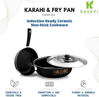Kashvi Deep-Fry Kadahi with Stainless Steel Lid+ Frying Pan Combo Gift Set Induction Bottom Non-Stick Coated Cookware Set